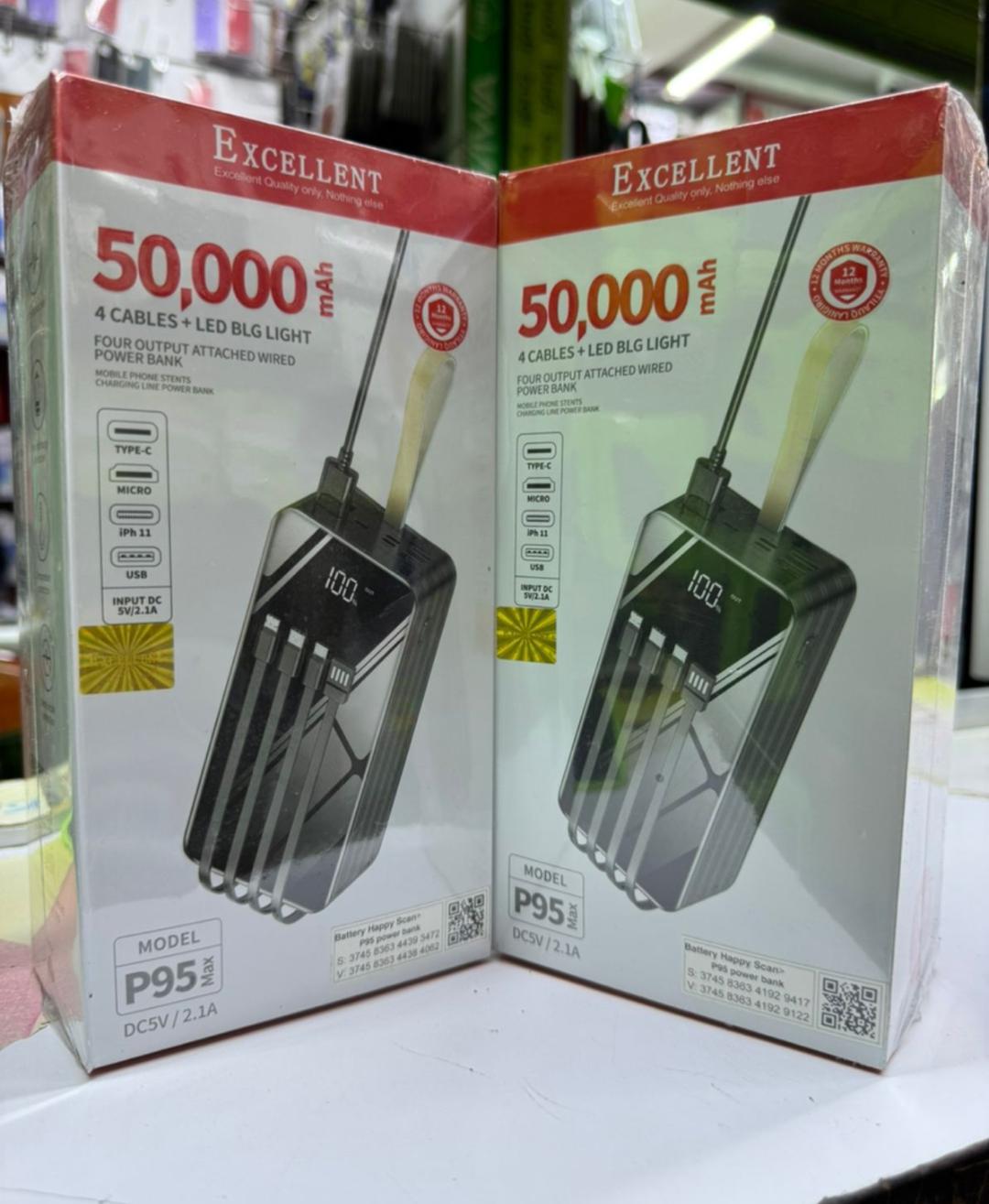 EXCELLENT P95 Max 50,000mAh Power Bank with 4 Cables & LED Big Light