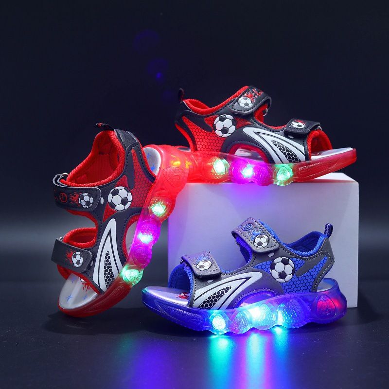 Open kids shoes for boys with lights at the soles, they are classic and fashionable for kids. The open shoes are comfortable to walk with and durable