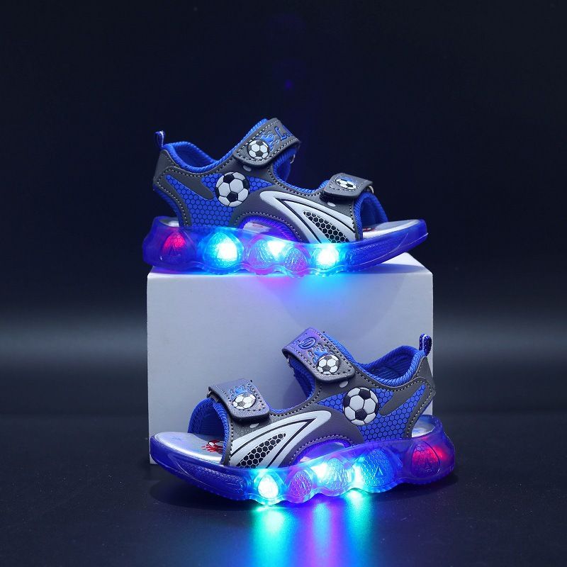 Open kids shoes for boys with lights at the soles, they are classic and fashionable for kids. The open shoes are comfortable to walk with and durable
