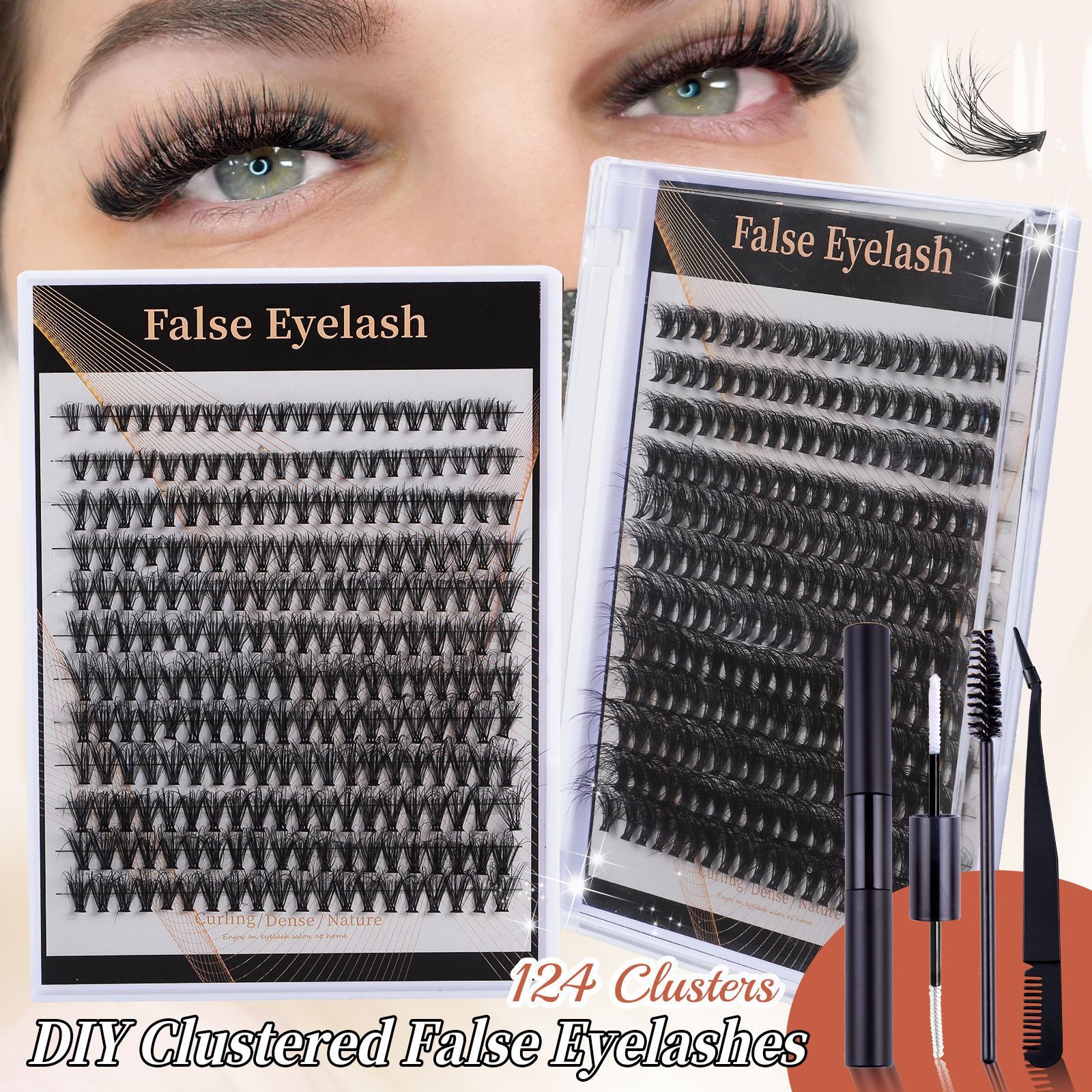 30D, 40D False Eyelash Set, 240 Eyelash Curler with Glue and Tweezers for Natural Volume. (New 50D 240 Cluster)