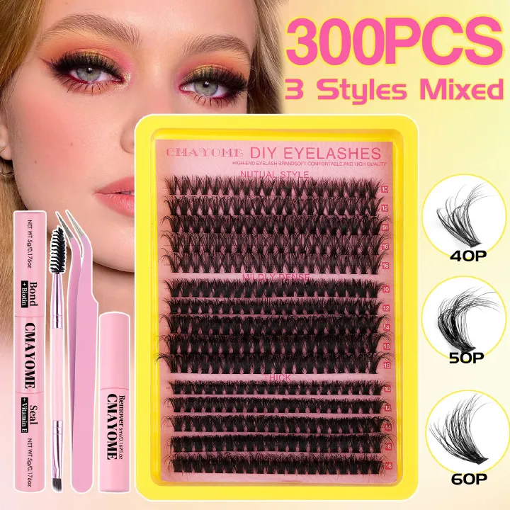 DIY Sectional 30D+40D False Eyelashes Hot-melt single cluster segmented eyelashes 60P80P set eyelashes combination 30D+40D+ Pink pink tweezers DIY sectional false eyelashes 15 rows with large capacity