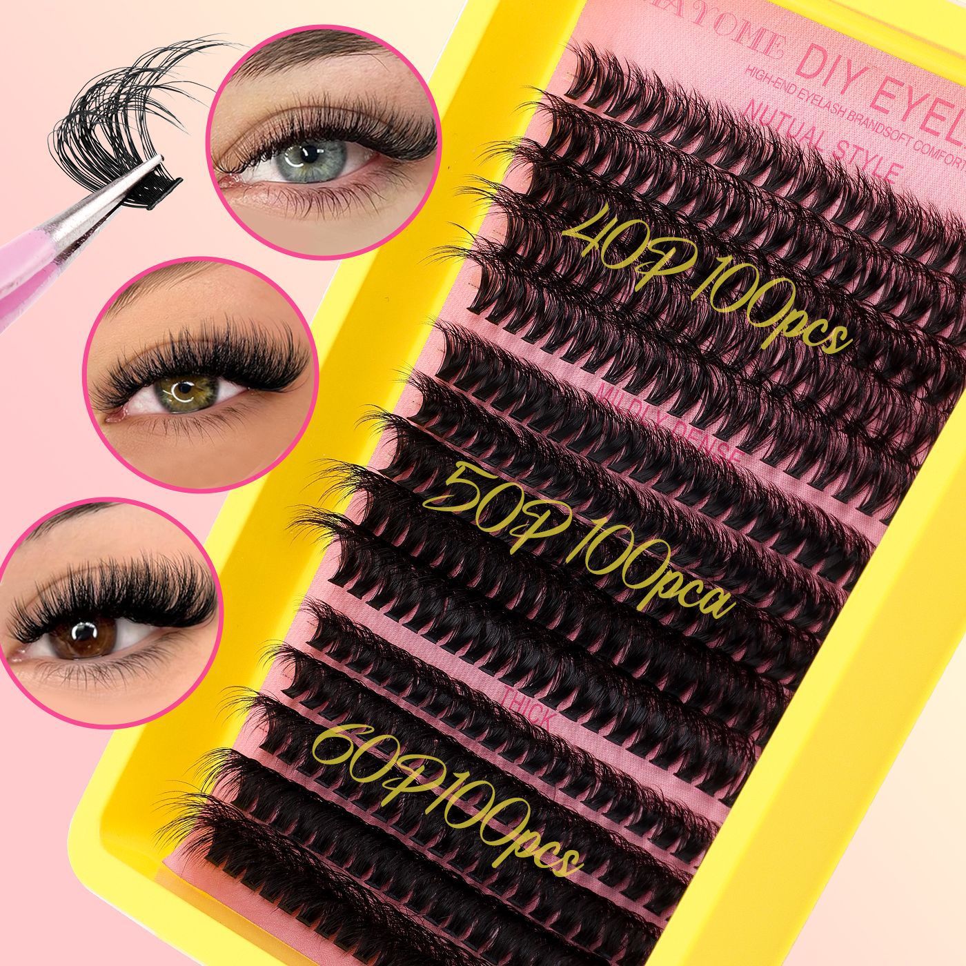 DIY Sectional 30D+40D False Eyelashes Hot-melt single cluster segmented eyelashes 60P80P set eyelashes combination 30D+40D+ Pink pink tweezers DIY sectional false eyelashes 15 rows with large capacity