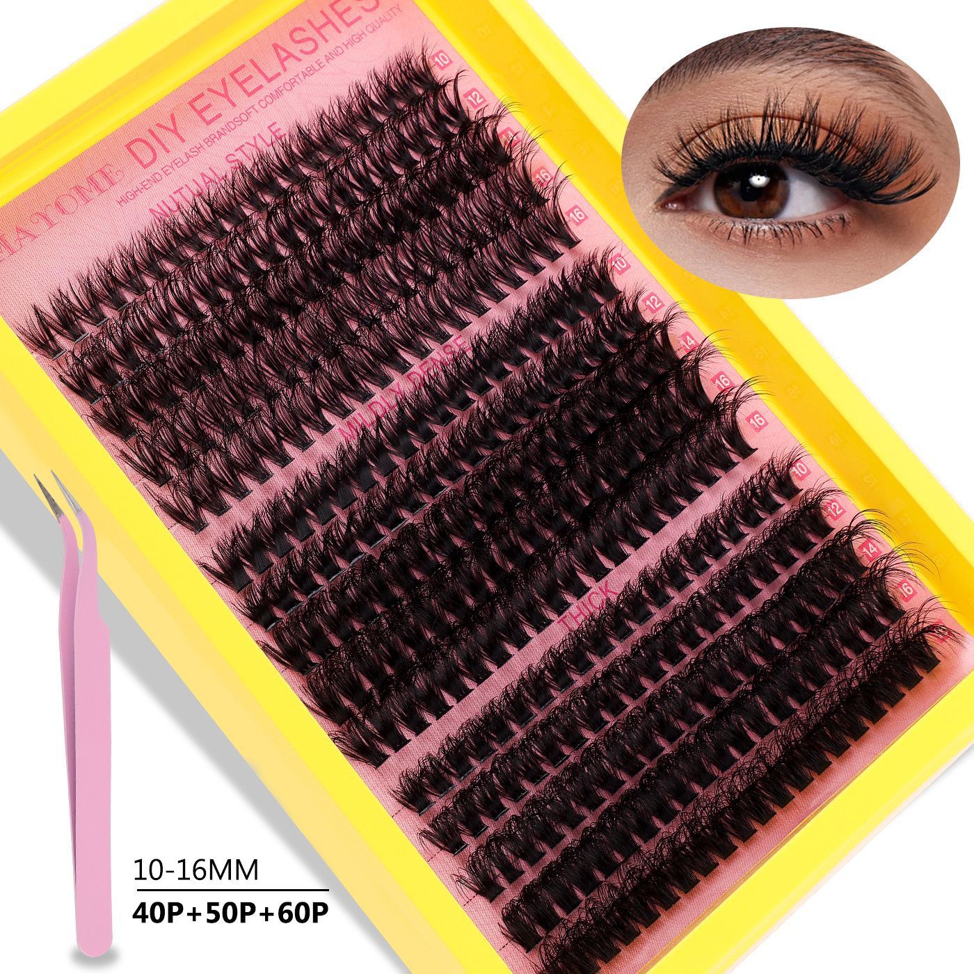 DIY Sectional 30D+40D False Eyelashes Hot-melt single cluster segmented eyelashes 60P80P set eyelashes combination 30D+40D+ Pink pink tweezers DIY sectional false eyelashes 15 rows with large capacity