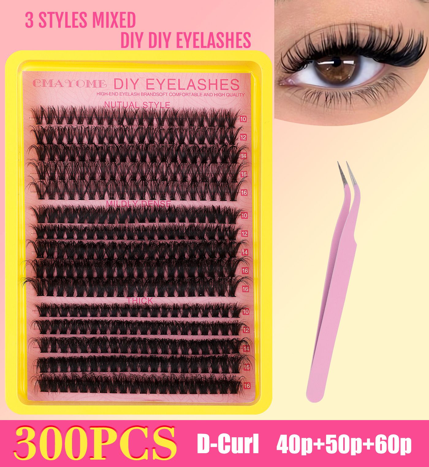 DIY Sectional 30D+40D False Eyelashes Hot-melt single cluster segmented eyelashes 60P80P set eyelashes combination 30D+40D+ Pink pink tweezers DIY sectional false eyelashes 15 rows with large capacity