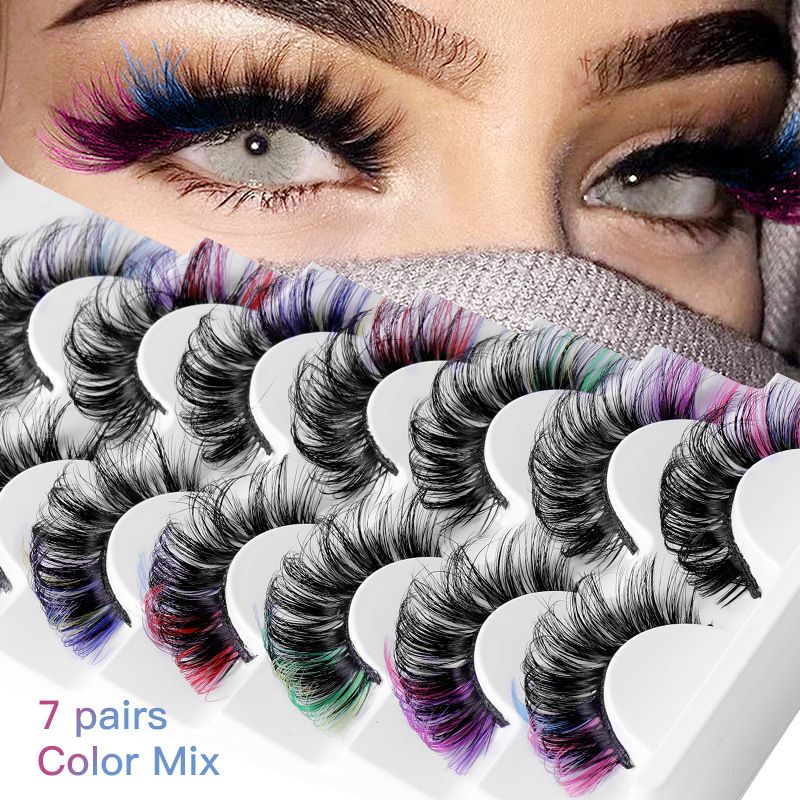 7 Pairs Colored False Eyelashes, 3D Mink Faux Lashes with Color Tips, Dramatic Fluffy Volume Strip Lashes for Cat Eye Look, Colorful Lash Extensions for Makeup Artists, Cosplay, Parties