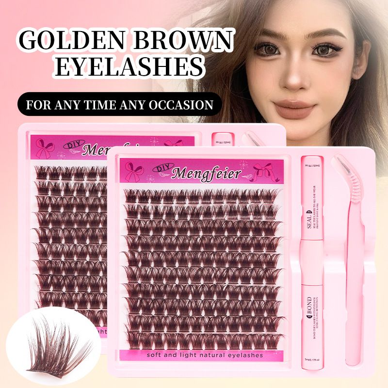 Golden Brown DIY False Eyelashes Thick D-warping Single Cluster Simulation Makeup Self-grafting Eyelash Suit Extension Kit DIY 280pcs Lash Clusters Eyelash Extension Kit, 12-18mm Individual
