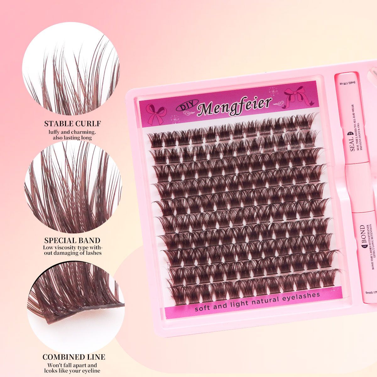 Golden Brown DIY False Eyelashes Thick D-warping Single Cluster Simulation Makeup Self-grafting Eyelash Suit Extension Kit DIY 280pcs Lash Clusters Eyelash Extension Kit, 12-18mm Individual