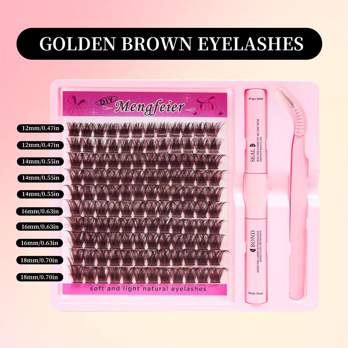 Golden Brown DIY False Eyelashes Thick D-warping Single Cluster Simulation Makeup Self-grafting Eyelash Suit Extension Kit DIY 280pcs Lash Clusters Eyelash Extension Kit, 12-18mm Individual