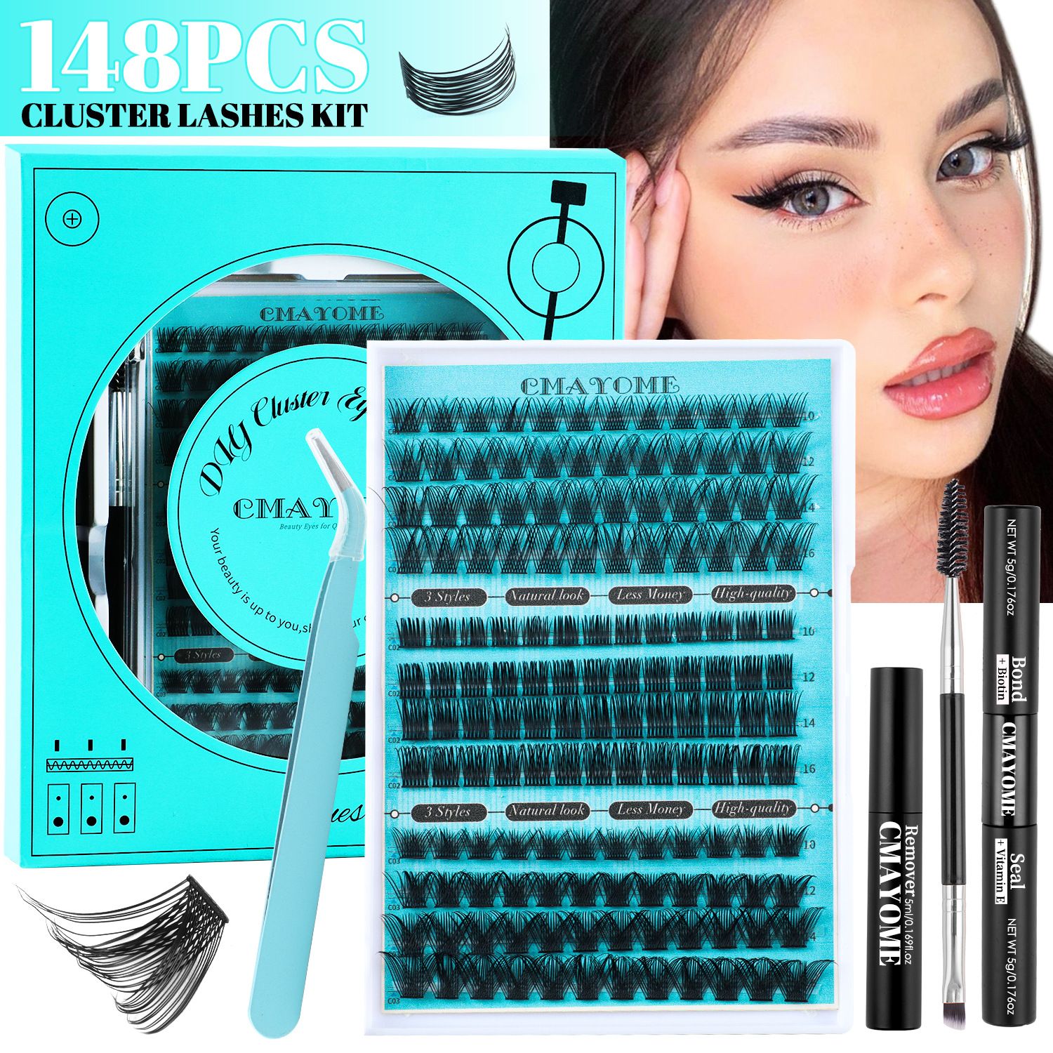 240PCS Eyelash Extension Kit D Curl Wispy Clusters Lash DIY Lashes Natural Individual Lashes Kit with Lash Bond and Seal Eyelash Tweezer