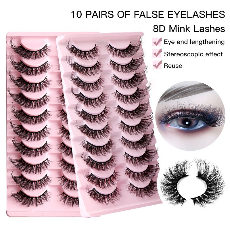 10 Pairs Russian Strip D Curl Lashes 15mm Fake Faux Mink Lashes that Look Like Extensions Curly Volume Cat-Eye Lashes Wispy Flu-ffy Eyelashes