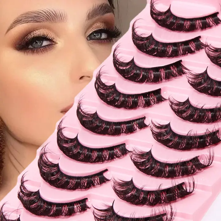 10 Pairs Russian Strip D Curl Lashes 15mm Fake Faux Mink Lashes that Look Like Extensions Curly Volume Cat-Eye Lashes Wispy Flu-ffy Eyelashes