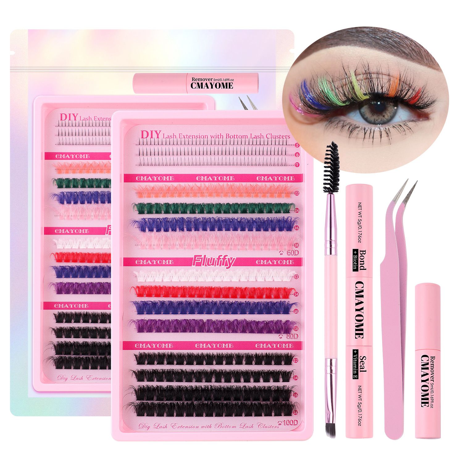 Color false eyelash extension set single cluster DIY Halloween segmented eyelashes DIY Sectional 30D+40D False Eyelashes Hot-melt single cluster segmented eyelashes 60D80D 100D eyelashes combination
