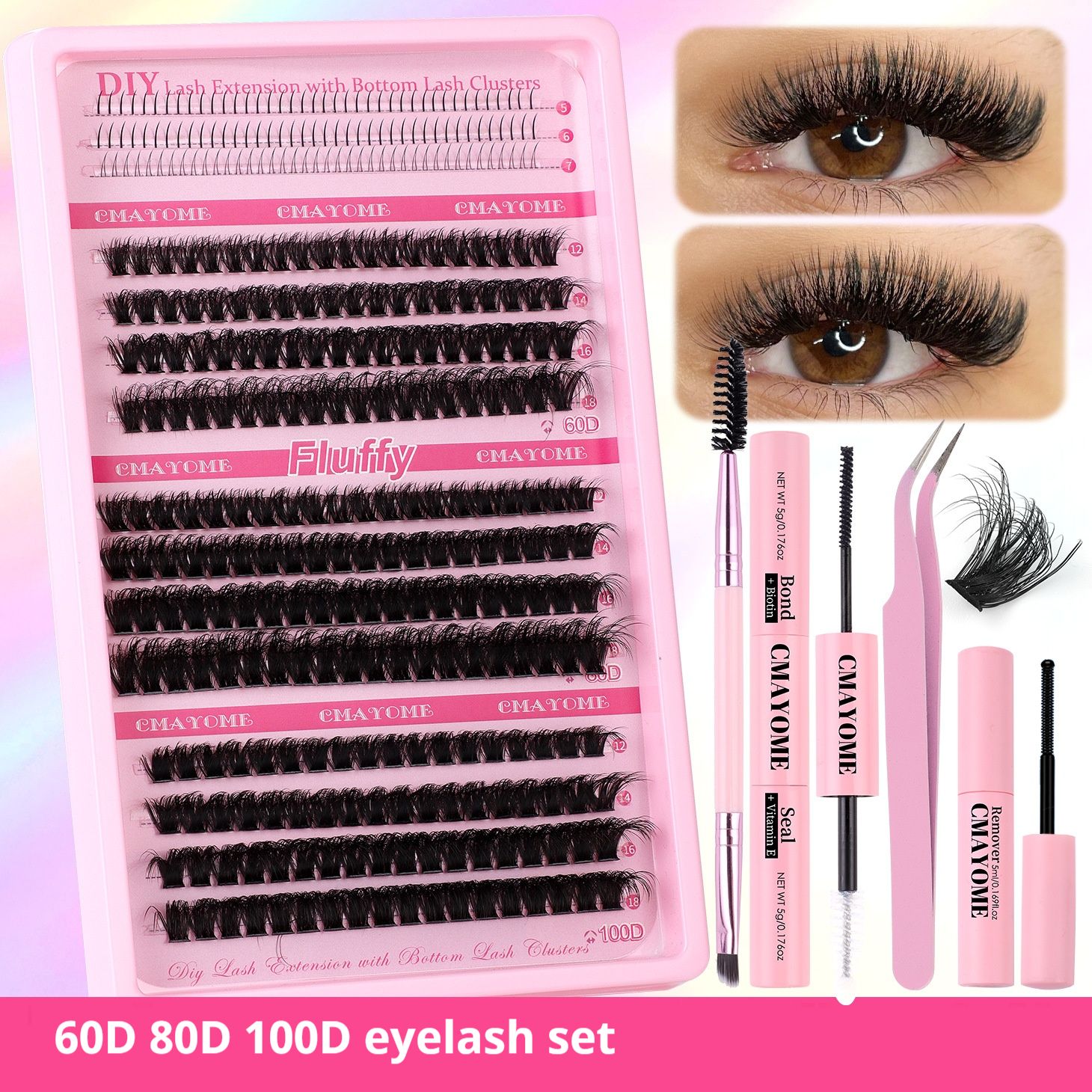 Color false eyelash extension set single cluster DIY Halloween segmented eyelashes DIY Sectional 30D+40D False Eyelashes Hot-melt single cluster segmented eyelashes 60D80D 100D eyelashes combination