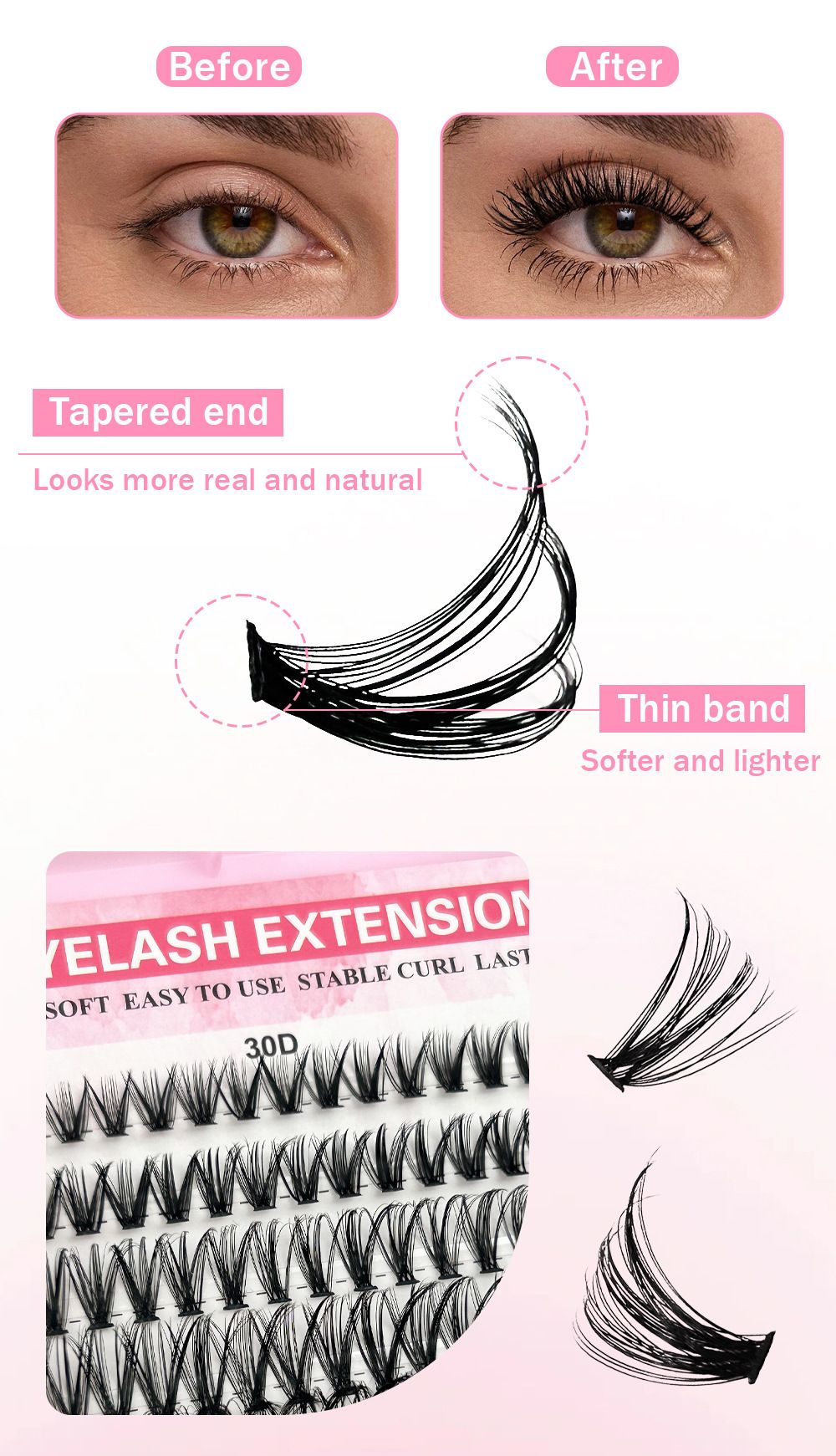 DIY Volume Lash Clusters Thick Eyelash Extension Kit， Individual Lashes Thin Band Lash Bond and Seal Lash Tweezers