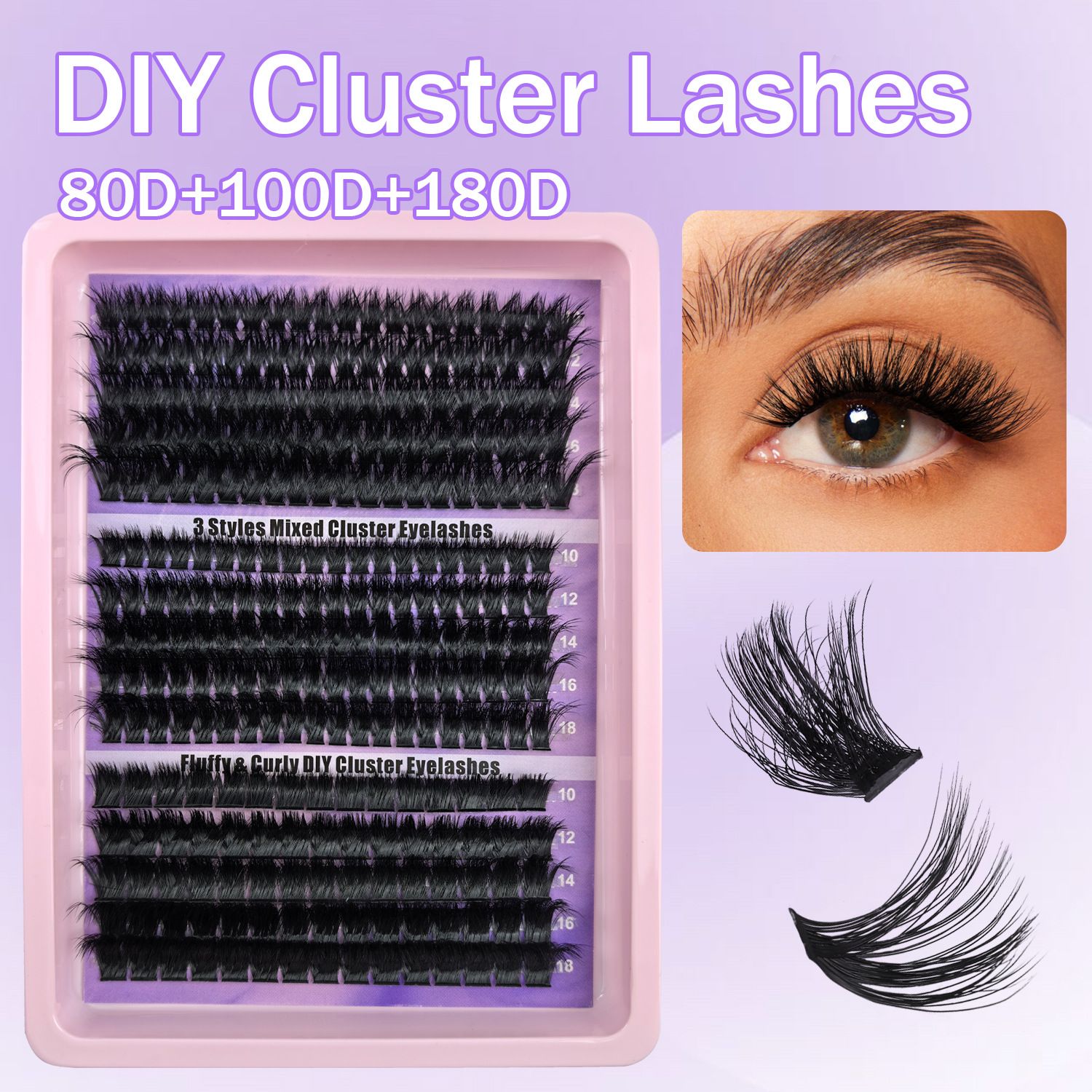 Eyelash Extension Kit 275pcs Individual Eyelashes Kit Cluster Lashes Natural Thick Fluffy Cluster 10-18mm Lash Extension Kit (80D&100D&180D,10-18MIX KIT)