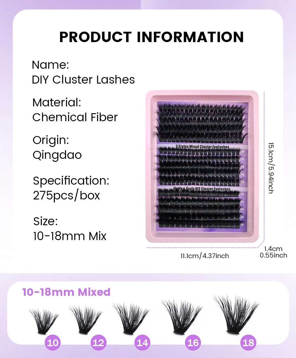 Eyelash Extension Kit 275pcs Individual Eyelashes Kit Cluster Lashes Natural Thick Fluffy Cluster 10-18mm Lash Extension Kit (80D&100D&180D,10-18MIX KIT)