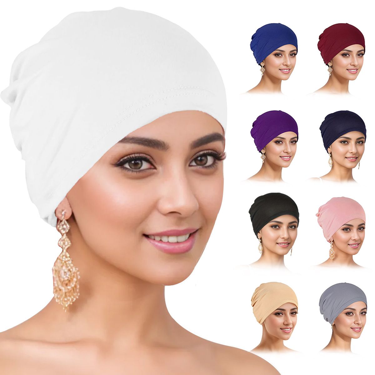 Set Hijab Undercap & Muslim Scarf for Women, Non-Slip Soft Head Scarves, Solid Color Cotton Scarves