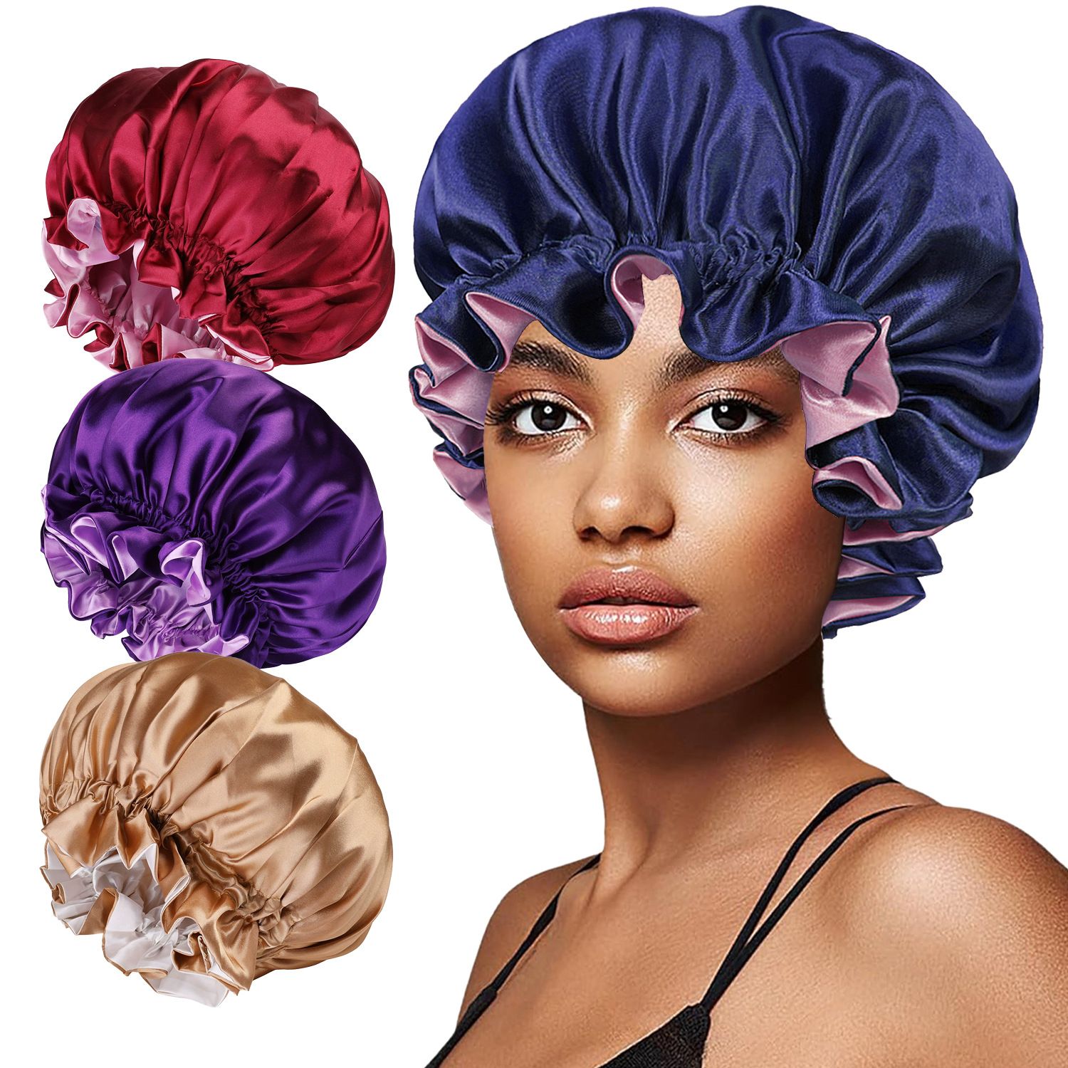 Hair Bonnet for Sleeping, Night Cap with Adjustable Clip, Reversible Hair Bonnet for Women, Silk Satin Bonnet
