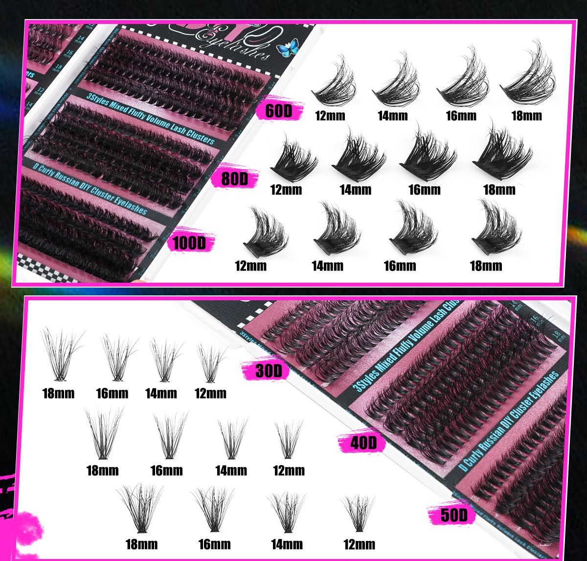 Fluffy Lash Clusters Thick 80/100D Volume Eyelash Clusters 10-20mm Wispy Individual Lashes D Curl Cluster Eyelash Extensions DIY Lash Extension for Beginner