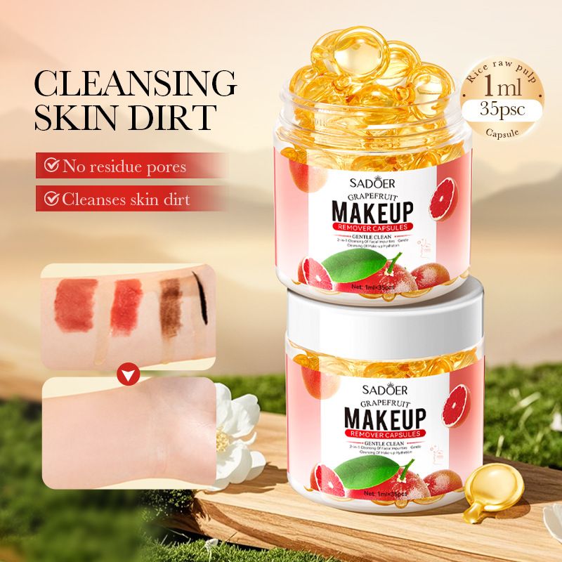 35Pcs Grapefruit Makeup Remover Capsules Refreshing and Nourishing Facial Cleansing Gel for Day and Night Use Pink One Size
