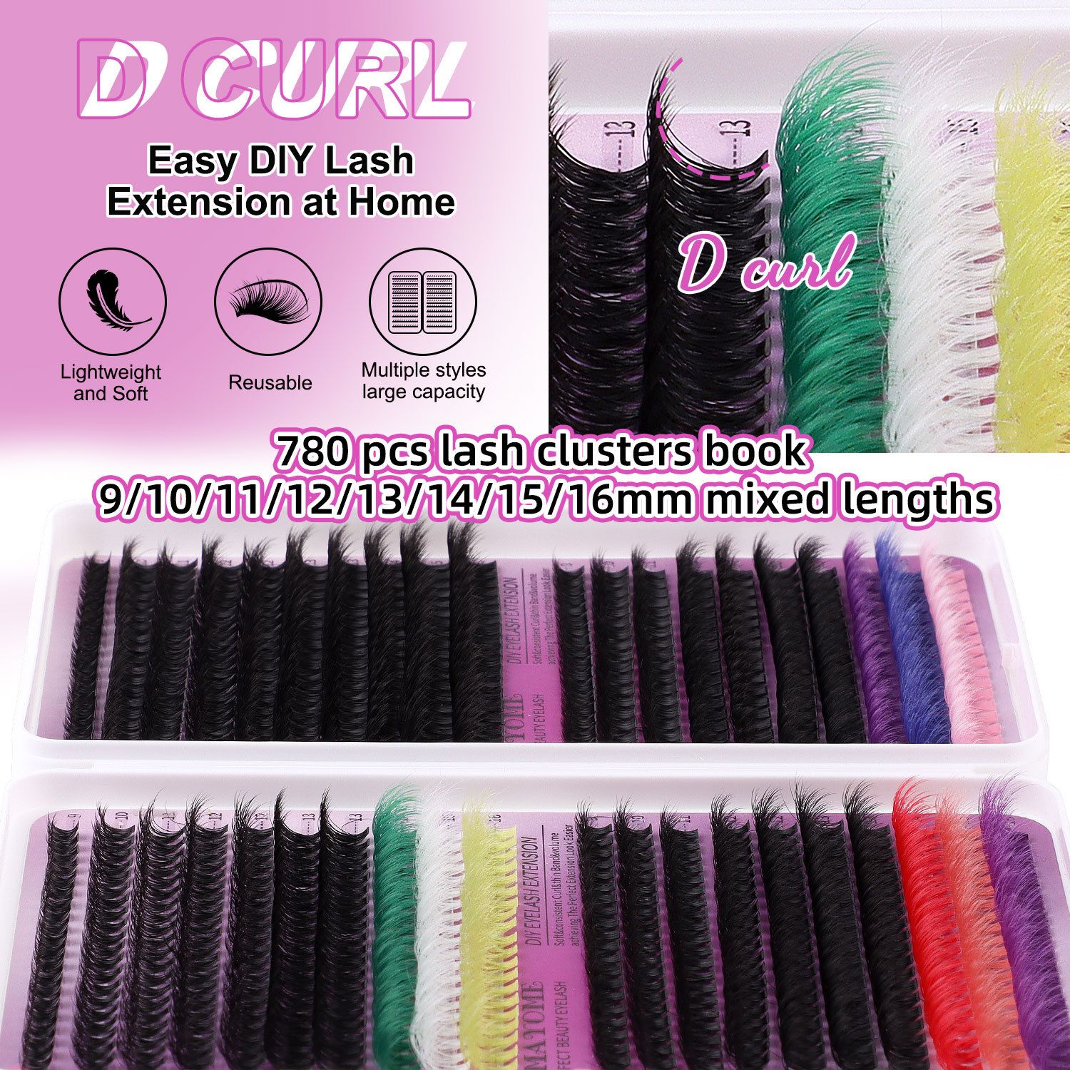 Lash Clusters Color, 780Pcs Fluffy Colored Lash Clusters with D-Curl Eyelashes Volume, DIY Extensions Kit for Home Salon & Waterproof Wear