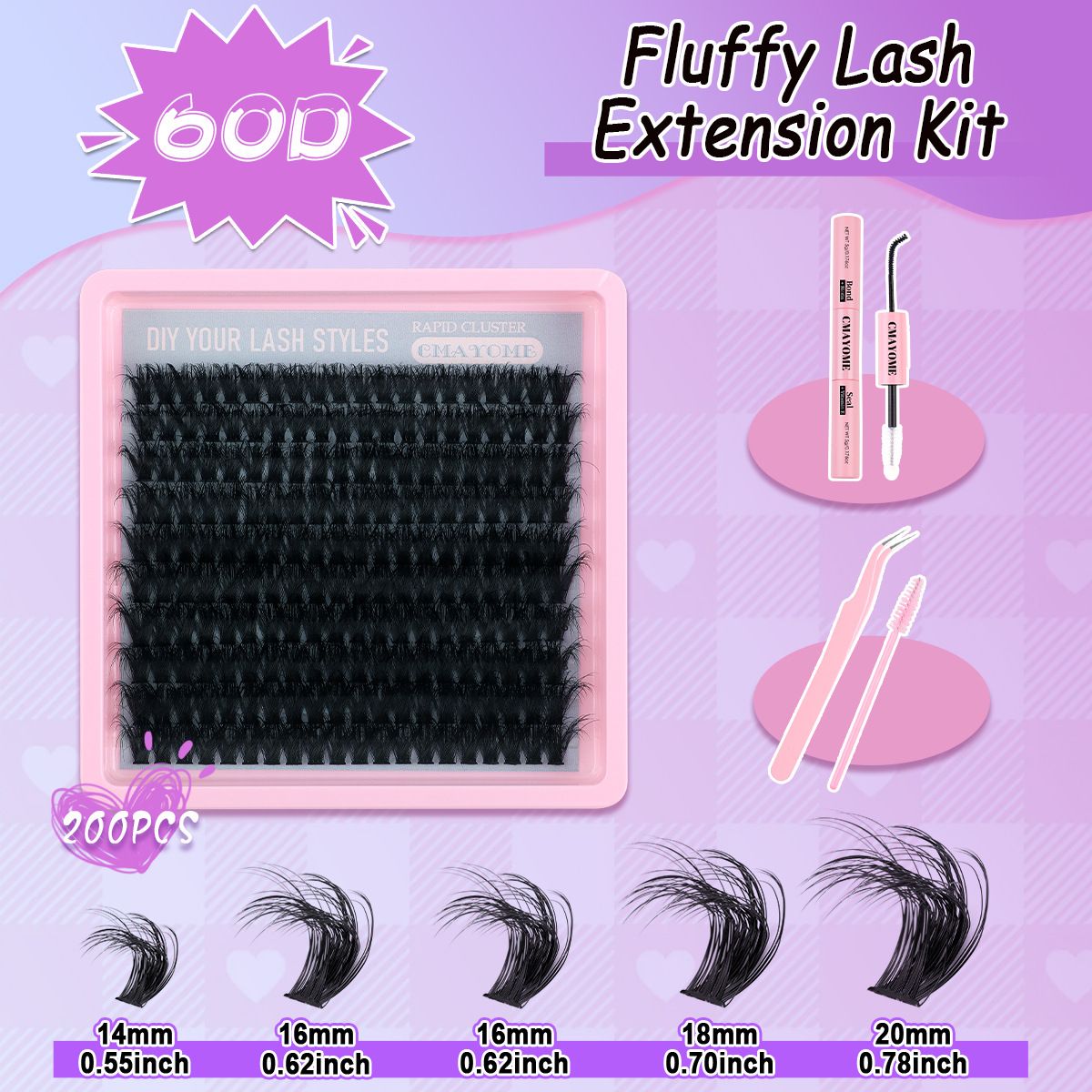Lash Clusters Kit 60D Fluffy Lash Clusters Eyelash Extension Kit 12-20mm Individual Lashes Kit with Lash Bond and Seal, Lash Tweezers for DIY Lashes Extension