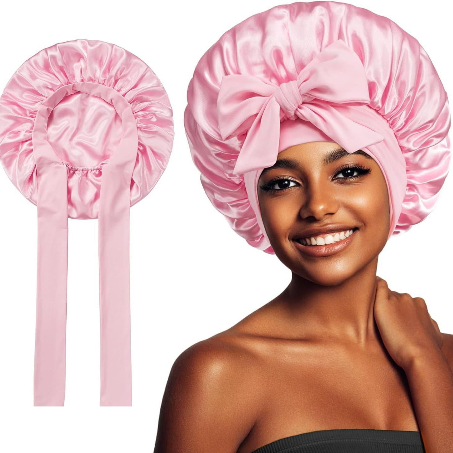 Silk Bonnet for Sleeping Women Satin Bonnet Night Sleep Cap Wrap for Curly Hair with Adjustable Tie Band, Single Layer, Pink