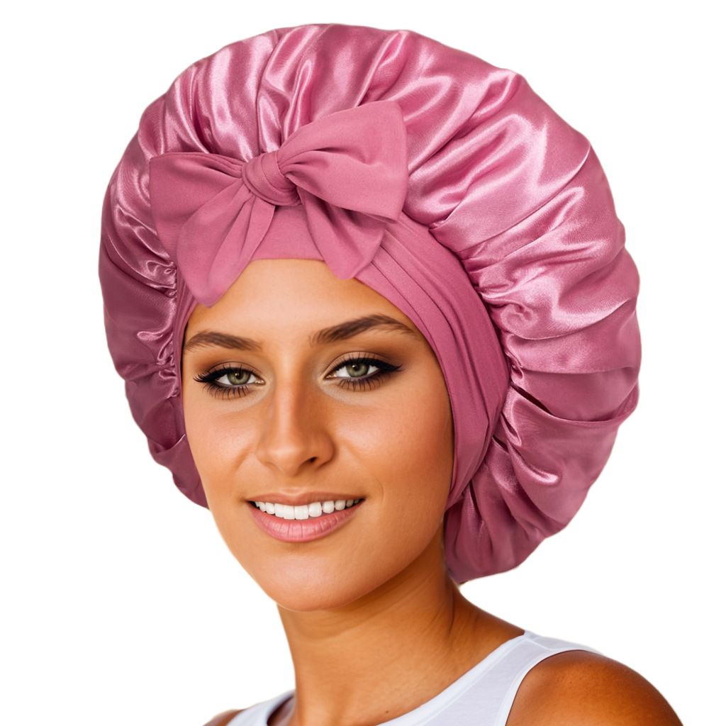 Silk Bonnet for Sleeping Women Satin Bonnet Night Sleep Cap Wrap for Curly Hair with Adjustable Tie Band, Single Layer, Pink