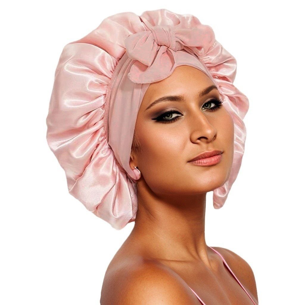 Silk Bonnet for Sleeping Women Satin Bonnet Night Sleep Cap Wrap for Curly Hair with Adjustable Tie Band, Single Layer, Pink
