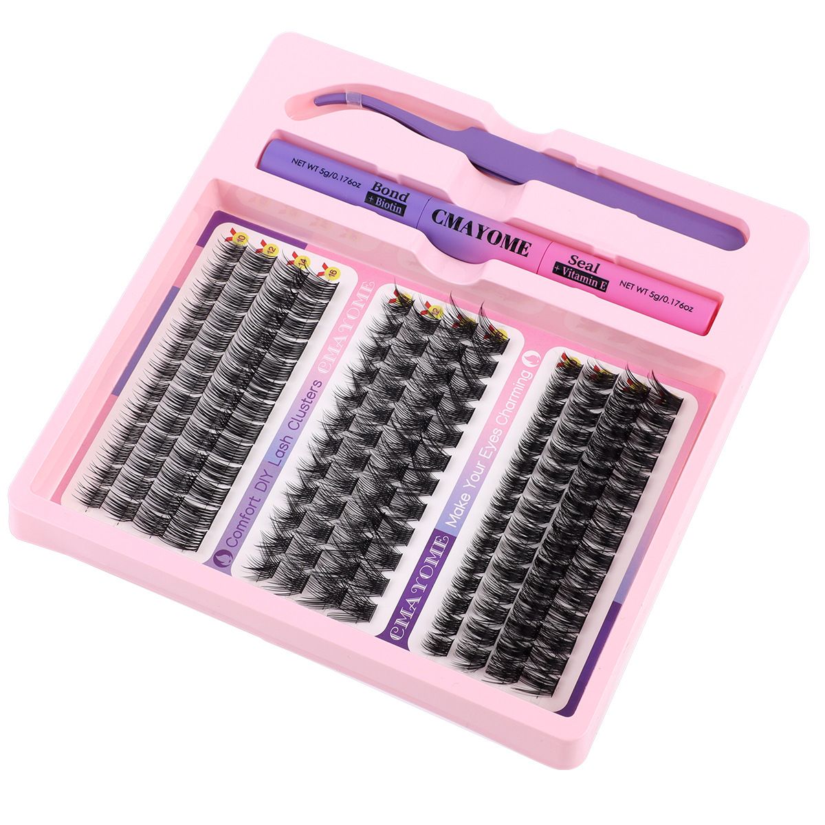 DIY Eyelash Extension Kit 3 Style Curl Fluffy Wispy Lash Clusters Individual Lashes Lash Extension Kit with Lash Bond and Seal Applicator Tool D Curl Lash Clusters (Pink Set)