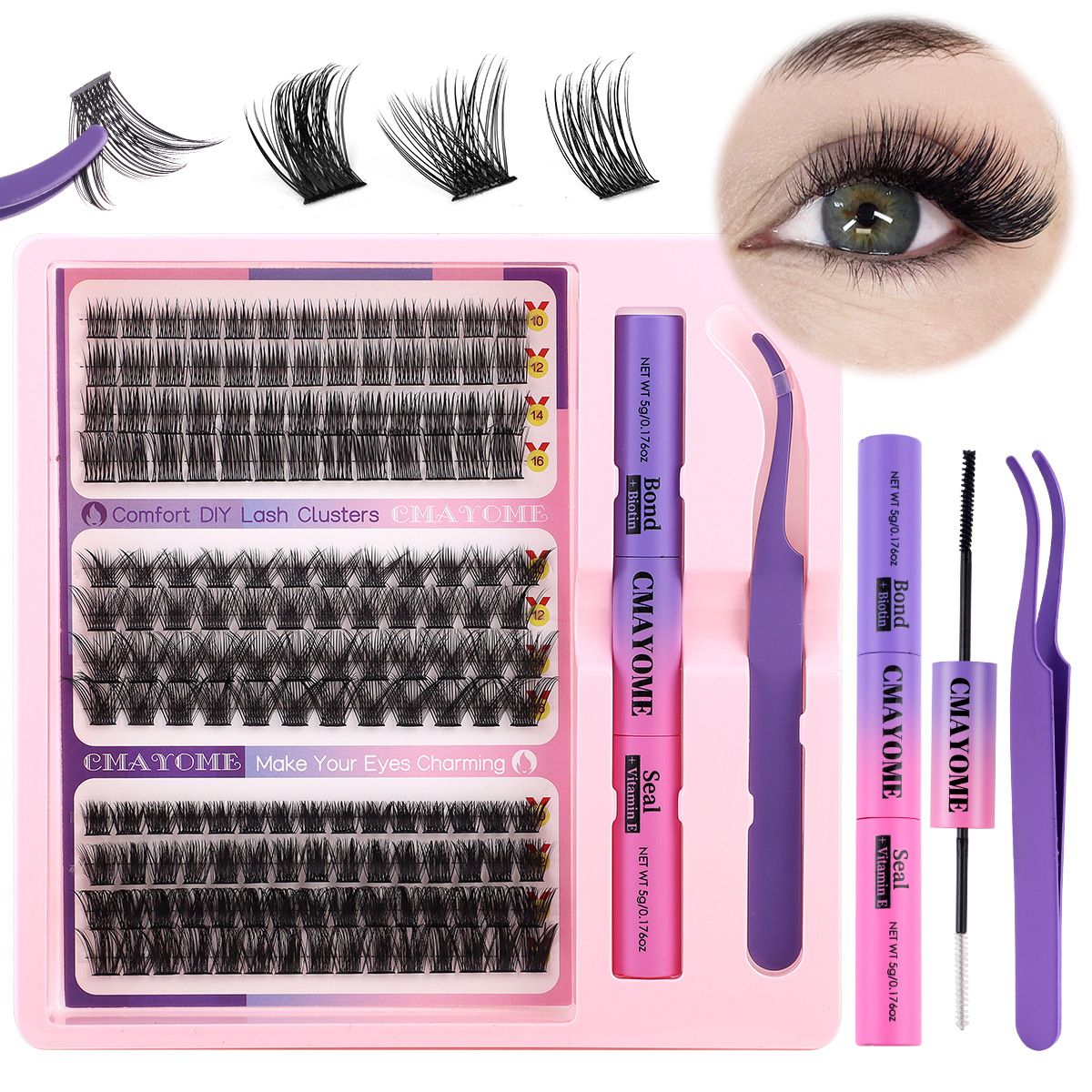 DIY Eyelash Extension Kit 3 Style Curl Fluffy Wispy Lash Clusters Individual Lashes Lash Extension Kit with Lash Bond and Seal Applicator Tool D Curl Lash Clusters (Pink Set)