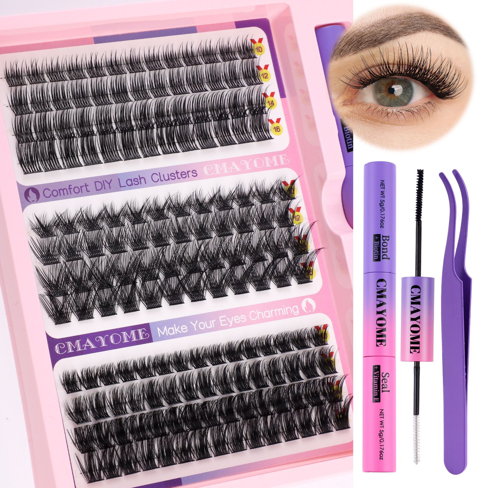 DIY Eyelash Extension Kit 3 Style Curl Fluffy Wispy Lash Clusters Individual Lashes Lash Extension Kit with Lash Bond and Seal Applicator Tool D Curl Lash Clusters (Pink Set)