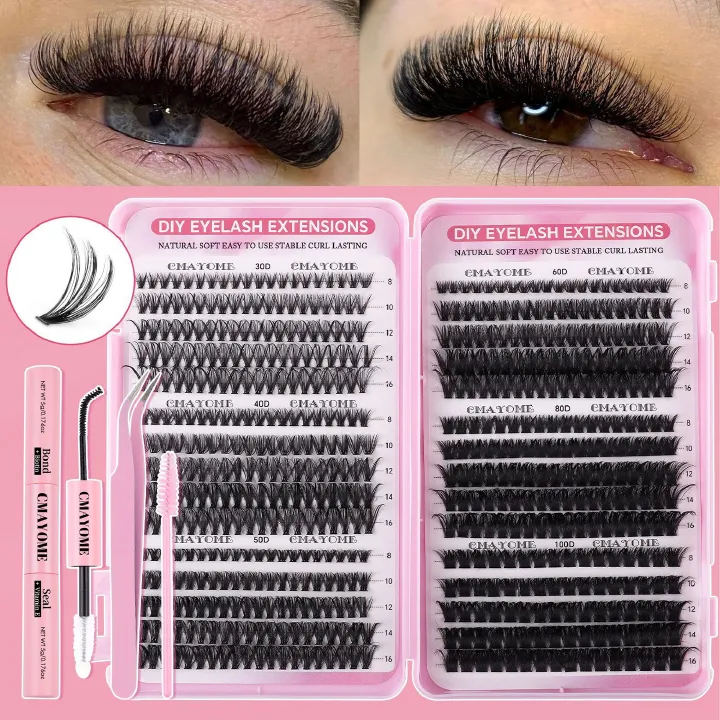 Individual Clusters Lash Extensions kit DIY 640pcs Dramatic Volume Eyelash Mixed Length (9-16mm 30D 40D 100D kit) Individual Lashes Kit Tray with Bond & Seal, Lash Tweezers