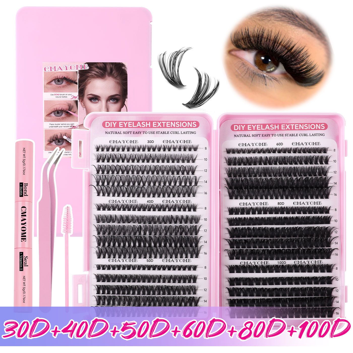 Individual Clusters Lash Extensions kit DIY 640pcs Dramatic Volume Eyelash Mixed Length (9-16mm 30D 40D 100D kit) Individual Lashes Kit Tray with Bond & Seal, Lash Tweezers