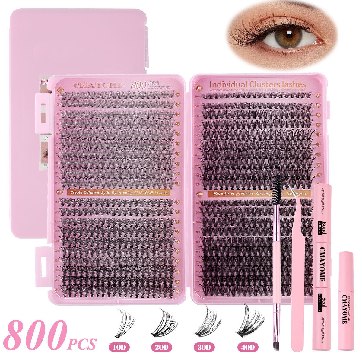 Lash Extension Kit DIY Lash Clusters 800pcs Cluster Lashes Individual Lashes Book Set Eyelash Extension Kit with Lash Bond and Seal,Lash Remover,Lash Tweezers(30D+40D+50D+60D Kit,8-18mm)