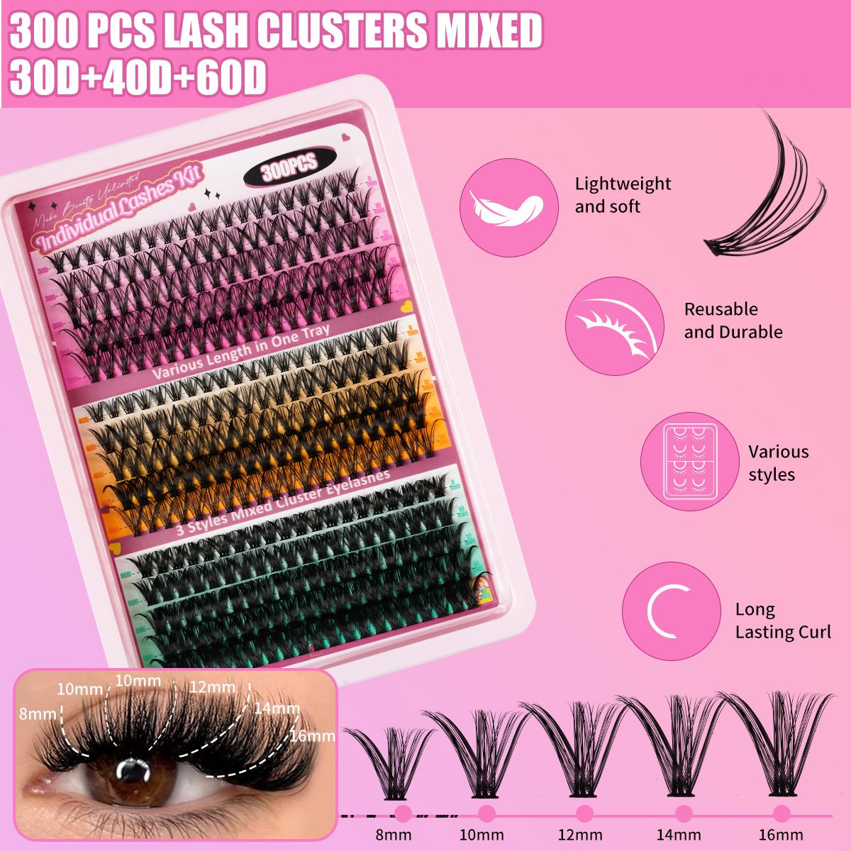 300 pcs Diy Clusters Lashes False Eyelashes 40d100d Clustered D Curl Hot-melt Multi-hairs DIY segmented single-tufted hair false eyelashes 8-18mm eyelash C curved thick curling single-tufted D curved