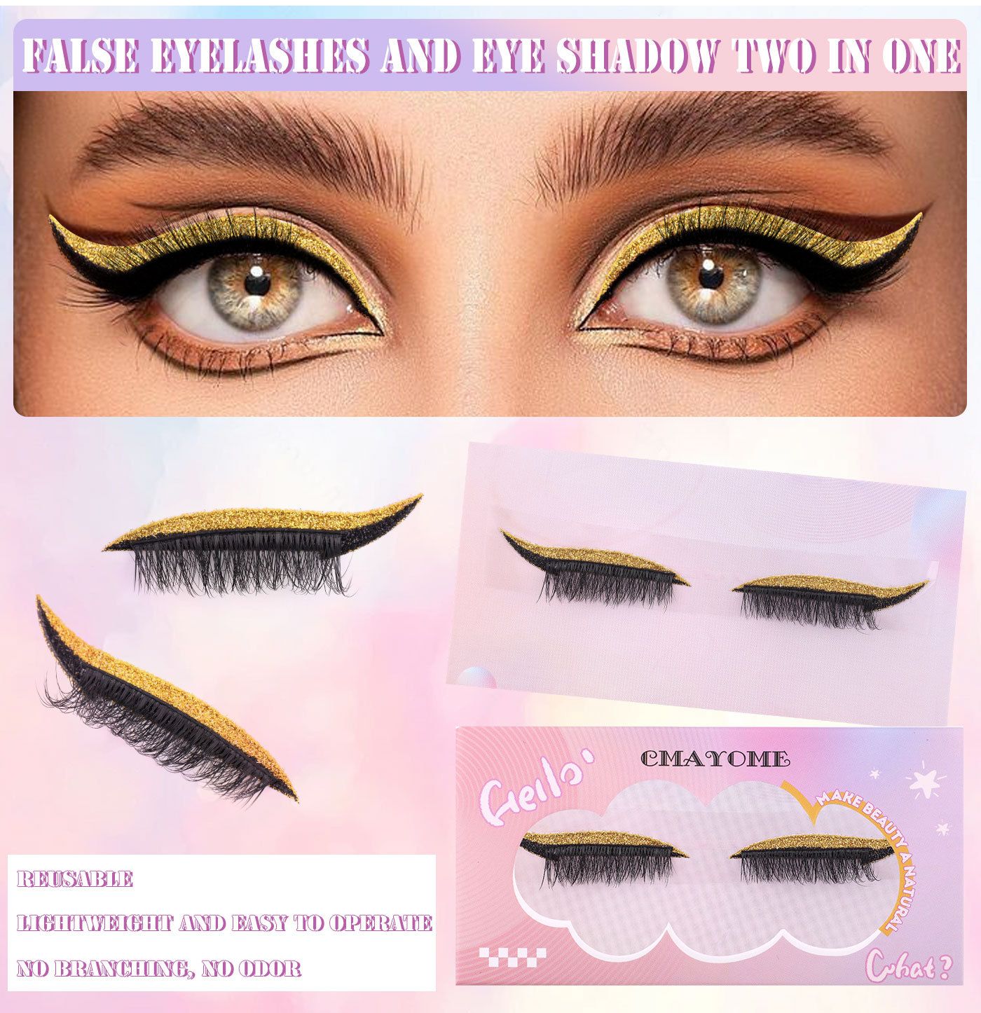 Reusable Eyeliner Stickers With Eyelashes, Glitter Self Adhesive False Eyelashes, Waterproof Eyeliner Sticker (1 Pair Golden eyelashes)
