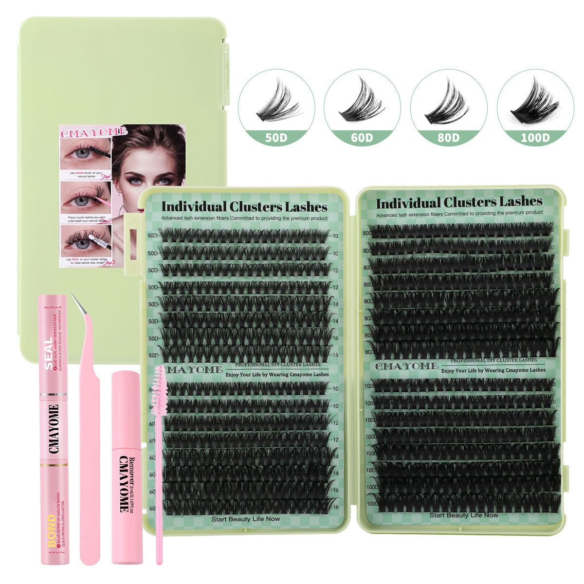 Individual Clusters Lash Extensions kit DIY 640pcs Dramatic Volume Eyelash Mixed Length (9-16mm 30D 40D 50D kit) Individual Lashes Kit Tray with Bond & Seal, Lash Tweezers