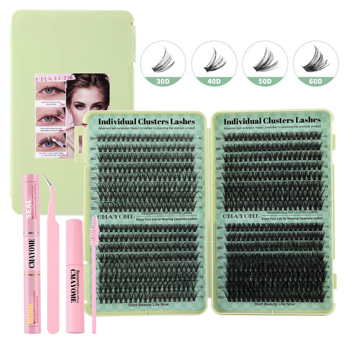Individual Clusters Lash Extensions kit DIY 640pcs Dramatic Volume Eyelash Mixed Length (9-16mm 30D 40D 50D kit) Individual Lashes Kit Tray with Bond & Seal, Lash Tweezers