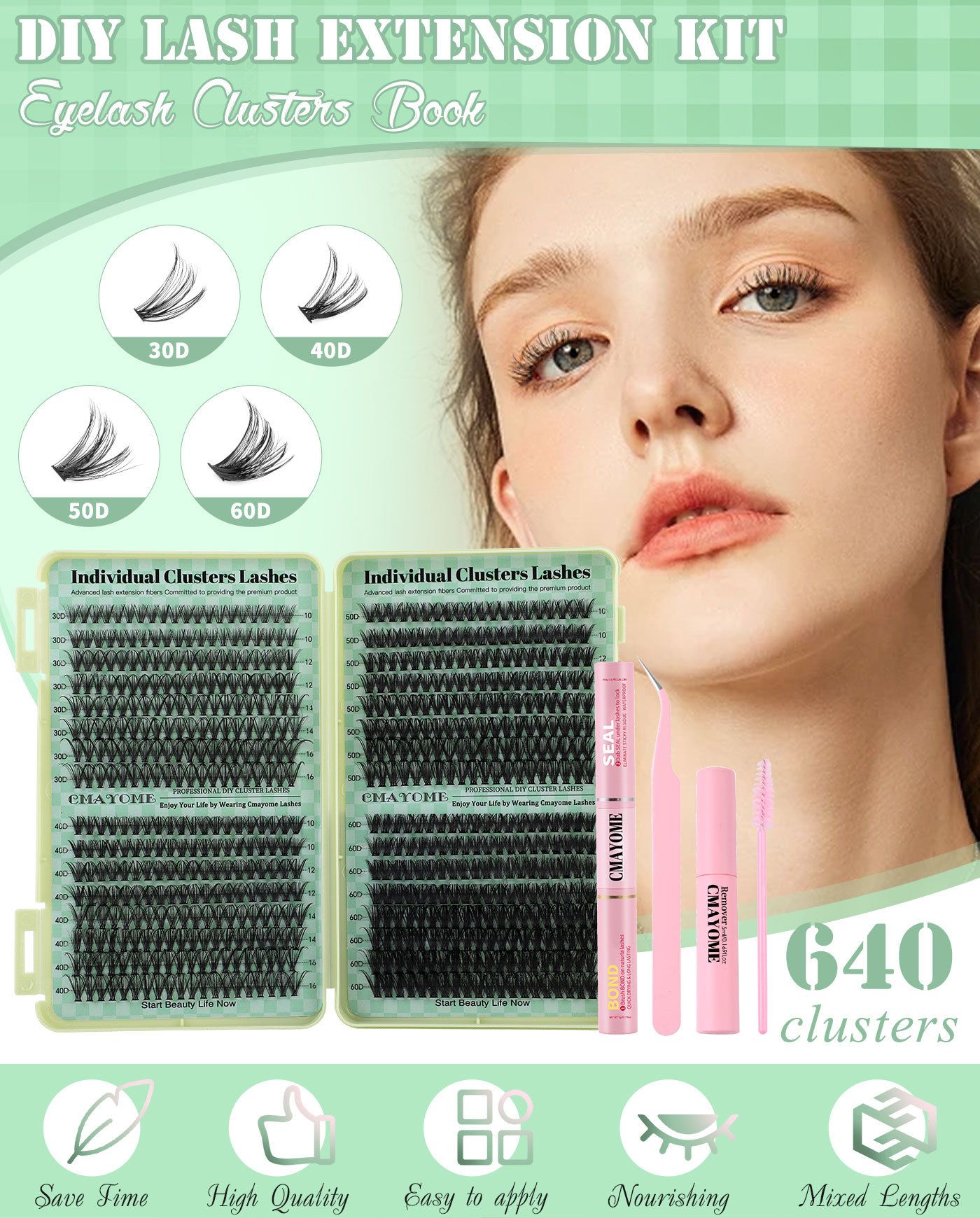 Individual Clusters Lash Extensions kit DIY 640pcs Dramatic Volume Eyelash Mixed Length (9-16mm 30D 40D 50D kit) Individual Lashes Kit Tray with Bond & Seal, Lash Tweezers