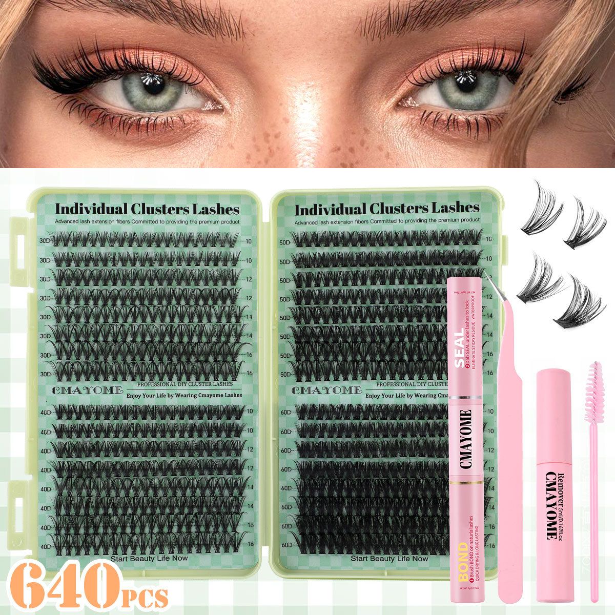 Individual Clusters Lash Extensions kit DIY 640pcs Dramatic Volume Eyelash Mixed Length (9-16mm 30D 40D 50D kit) Individual Lashes Kit Tray with Bond & Seal, Lash Tweezers