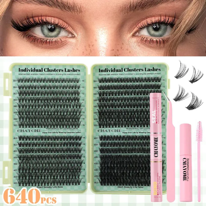 Individual Clusters Lash Extensions kit DIY 640pcs Dramatic Volume Eyelash Mixed Length (9-16mm 30D 40D 50D kit) Individual Lashes Kit Tray with Bond & Seal, Lash Tweezers