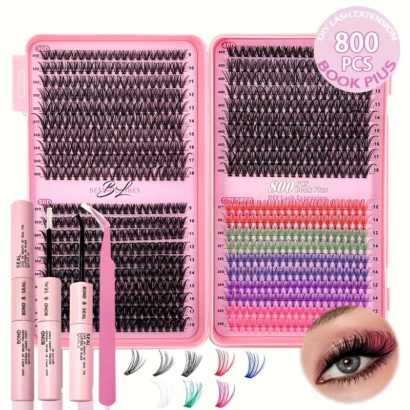 DIY Color Lash Extension Kit , 800pc Fluffy Colored Lash Clusters with D-Curl Eyelashes Volume, Individual Lashes With Lash Bond And Seal Lash Tweezers for Home Salon & Waterproof Wear