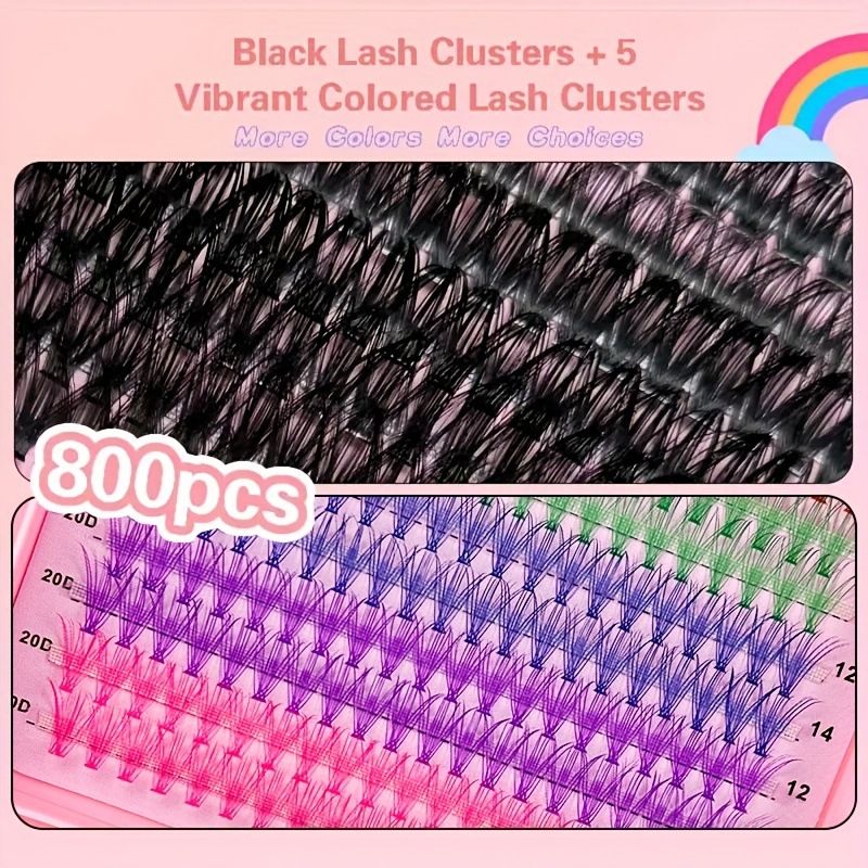 DIY Color Lash Extension Kit , 800pc Fluffy Colored Lash Clusters with D-Curl Eyelashes Volume, Individual Lashes With Lash Bond And Seal Lash Tweezers for Home Salon & Waterproof Wear