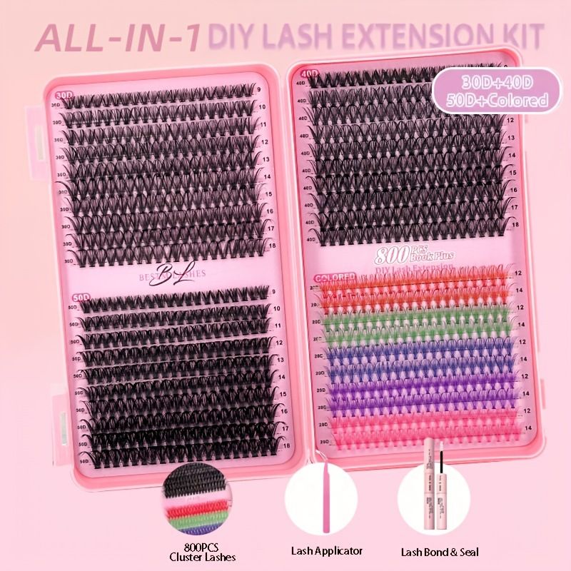 DIY Color Lash Extension Kit , 800pc Fluffy Colored Lash Clusters with D-Curl Eyelashes Volume, Individual Lashes With Lash Bond And Seal Lash Tweezers for Home Salon & Waterproof Wear