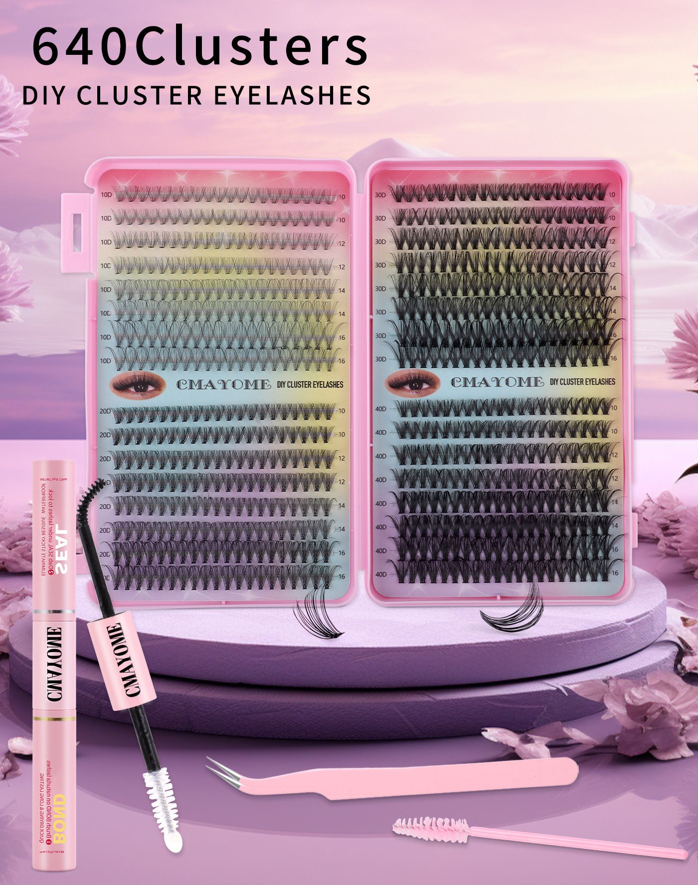 Volume Lash Clusters Kit DIY Lash Extension Kit C Curl Lash Cluster Eyelash Extensions 640Pcs 10-16mm  Individual Lashes Clusters with Lash Bond and Seal Lash Tweezers