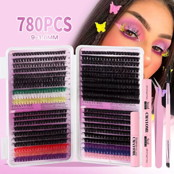 Lash Clusters Color, 780Pcs Fluffy Colored Lash Clusters with D-Curl Eyelashes Volume, DIY Extensions Kit for Home Salon & Waterproof Wear