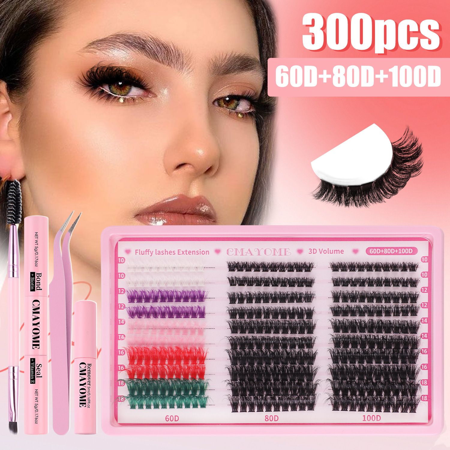 Lash Clusters Color, 300pc Fluffy Colored Lash Clusters with 100D-Curl Eyelashes Volume, DIY Extensions Kit for Home Salon & Waterproof Wear