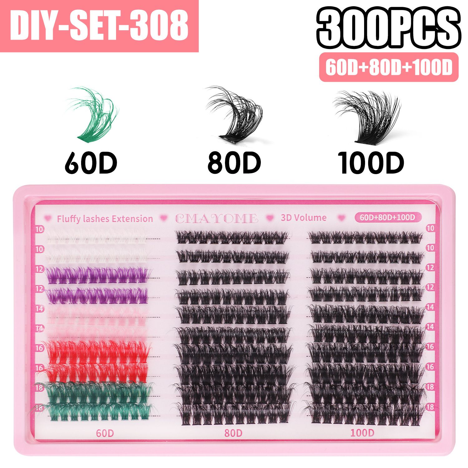 Lash Clusters Color, 300pc Fluffy Colored Lash Clusters with 100D-Curl Eyelashes Volume, DIY Extensions Kit for Home Salon & Waterproof Wear