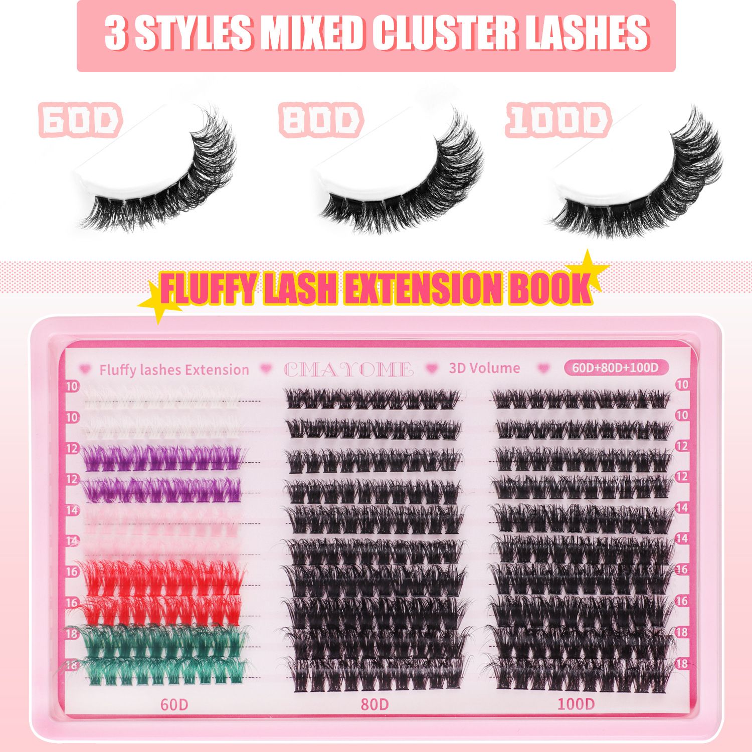 Lash Clusters Color, 300pc Fluffy Colored Lash Clusters with 100D-Curl Eyelashes Volume, DIY Extensions Kit for Home Salon & Waterproof Wear